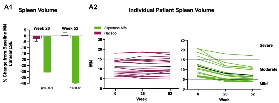 Time-course plots depicting significant spleen-volume reduction in ASMD adults treated with olipudase alfa compared with placebo.